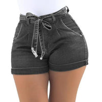 Fashion High Waist Denim Shorts Women Summer Skinny Belted High Waist Washed Jeans Women Shorts