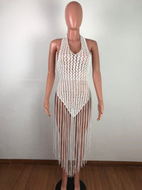 Sexy Adogirl Hand Crochet Fishnet Long Tassel Summer Beach Dress Fashion Sexy Halter Backless Maxi Dress