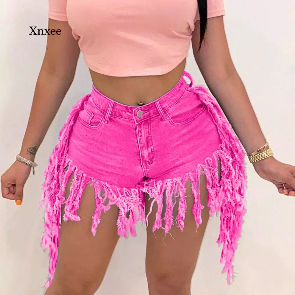 Fashion High Waist Tassel Denim Shorts Sexy  Women Casual Straight Club Shorts Jeans Pants Summer Clothing Bottoms