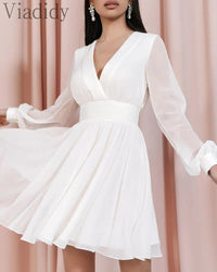 Women Long Sleeve Deep V Neck White A-line High Waist Ruffles Dress OL Elegant Solid Color Work Party Dress