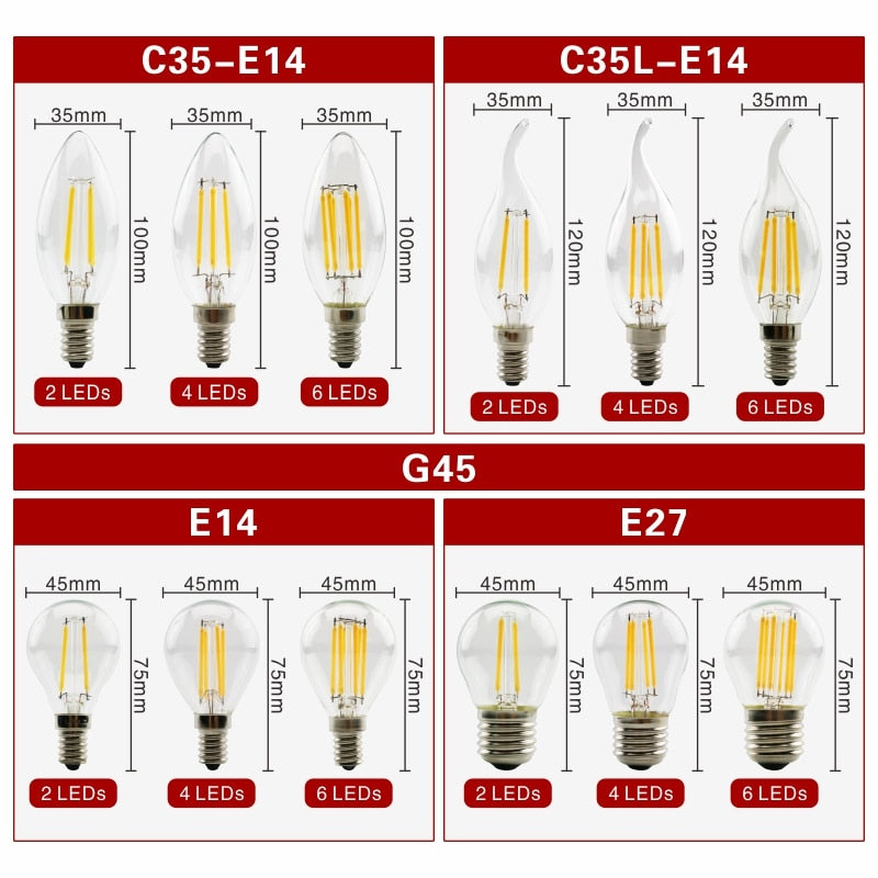 2pcs E27 E14 Retro Edison LED Filament Bulb Lamp AC220V Light Bulb C35 G45 A60 ST64 G80 G95 G125 Glass Bulb Vintage Light