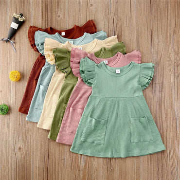 2021 Summer Children Girls Dress Ribbed Knitted Girls Ruffles Dresses Princess Teenage Casual Dress Daily Kids Dresses For Girls