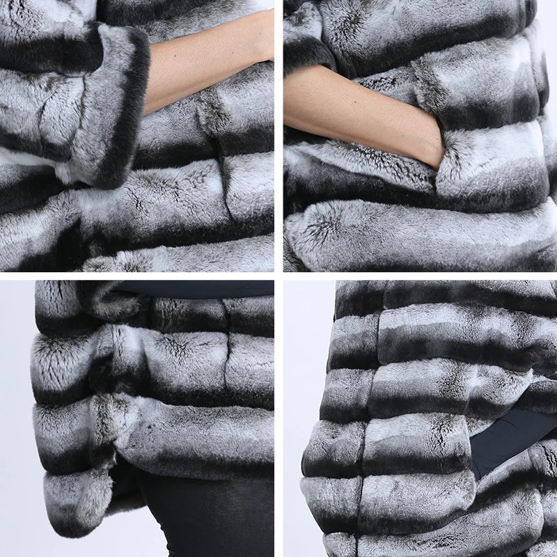 Real Rex Rabbit Natural Fur Coat Female Hoodies Zipper Poncho Jackets Winter Clothes Woman Fluffy Fur Warm Fashion Coat Big Size