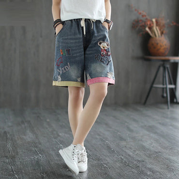 Summer New Arts Style Women Elastic Waist Vintage Denim Shorts Jeans Feminino Patchwork Embroidery Ripped Jeans S839