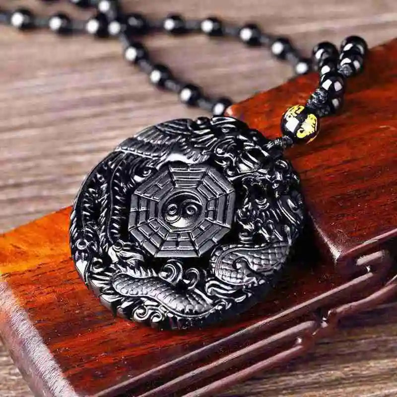 Natural Black Synthetic Obsidian Hand Carved Chinese Dragon Phoenix BaGua Lucky Amulet Peace Mascot Pendant Necklace For Women