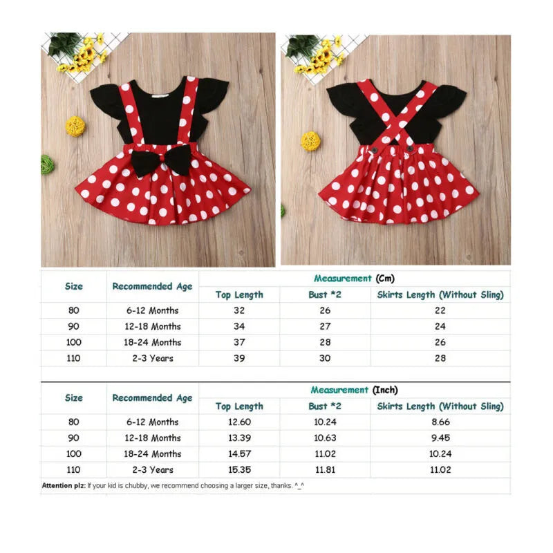 Baby Girls Ruffles Sleeveless T-shirt+Girl Bowknot Dot Red Suspender Skirt Baby Outfit Summer Clothing Toddler 2PCS set