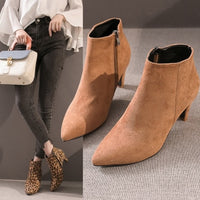 Boots Women Autumn Ankle Boots Sexy Flock High Heels 7CM Point Zipper Leopard Half Short Winter Boots