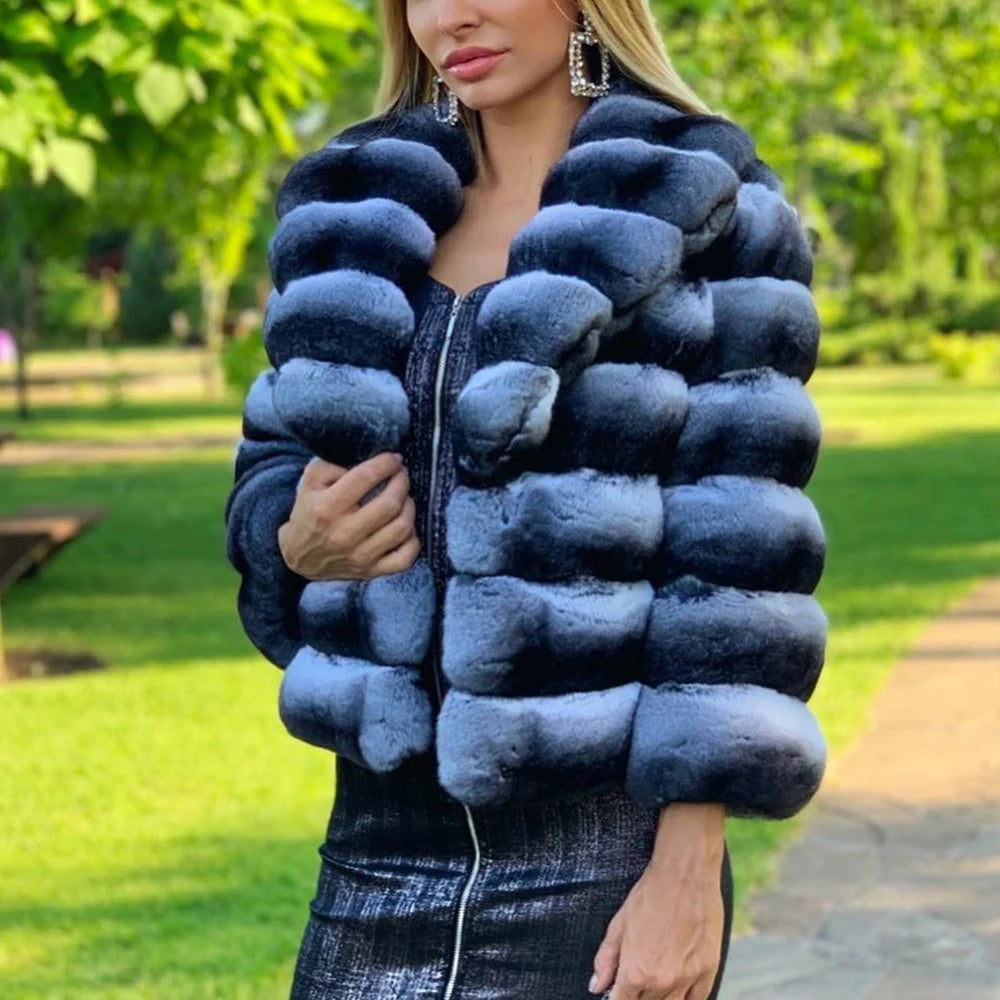 Real Chinchilla Color Rex Rabbit Fur Jacket with Turn-down Collar 2022 Fashion Luxury Women Genuine Full Pelt Rabbit Fur Coat