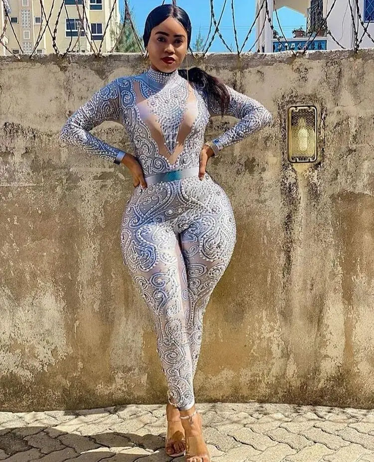 Elegant Pearls Long Sleeves Jumpsuit Sexy Elatic Women Singer Outfit Birthday Celebrate Evening Party Wear