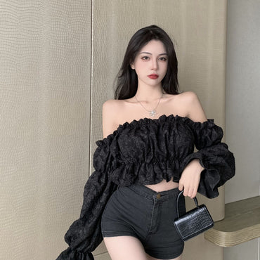 Blouse Women Sexy Trendy Slash Collar Autumn Folds Jacquard Stylish Long Sleeve Female Feminine Party Street Korean Style Crop