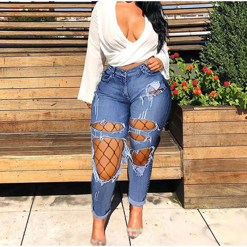 Plus Size Ripped Holes Hollow Out Mesh Stretchy Skinny Jeans 3XL Vintage Slit Pantalones288 Mujer Blue Denim Pencil Pants