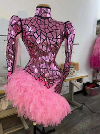 Sparkly pink laser dress singer stage dance gogo  Sexy Prom Dress Latin Dance Stage Short Dress Club Performance Wear