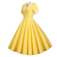 Sexy 2022 Women Vintage Slim Summer Dress Solid Yellow Short Sleeve High Waist Sundress