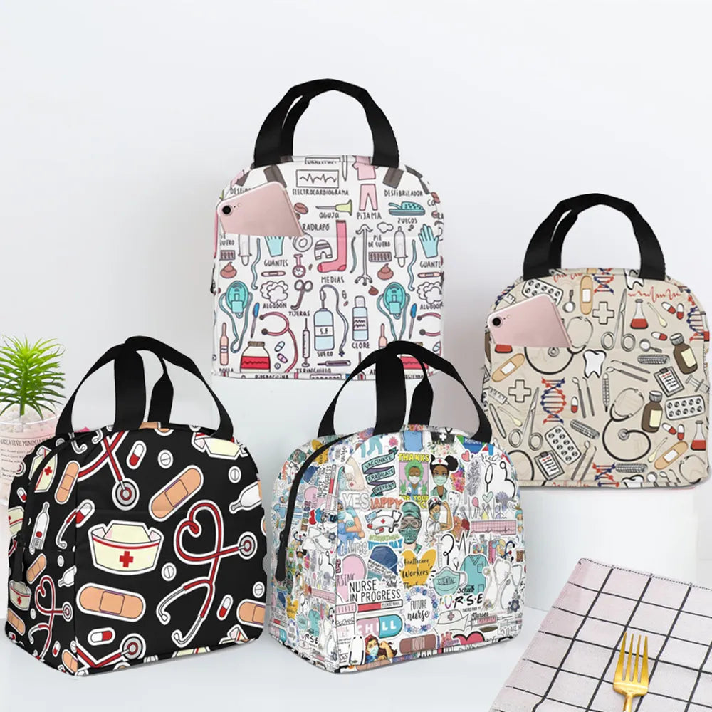 1Pcs New Arrive Fresh Cooler Bag Doctors Nurse Pattern Insulated Lunch Bags Women Food Cooler Warm Bento Box Tote For Kids
