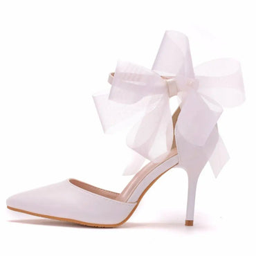 Crystal Queen Woman Satin Stiletto Elegant Ankle Strap Party Bow-knot Sandals Sexy High Heels White Wedding Shoes