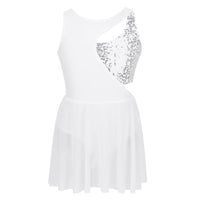 Girls Shiny Rhinestone Jazz Ballet Dance Dress Decorated Collar Sequins Mesh Tassel Hem Dance Leotards Dance Performance Dress