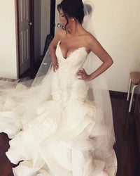 Sexy Ruffles Mermaid Wedding Dresses Lace Appliques Ruched Long Bridal Gowns Plus Size Sweetheart Wedding Gowns Robe De Mariee