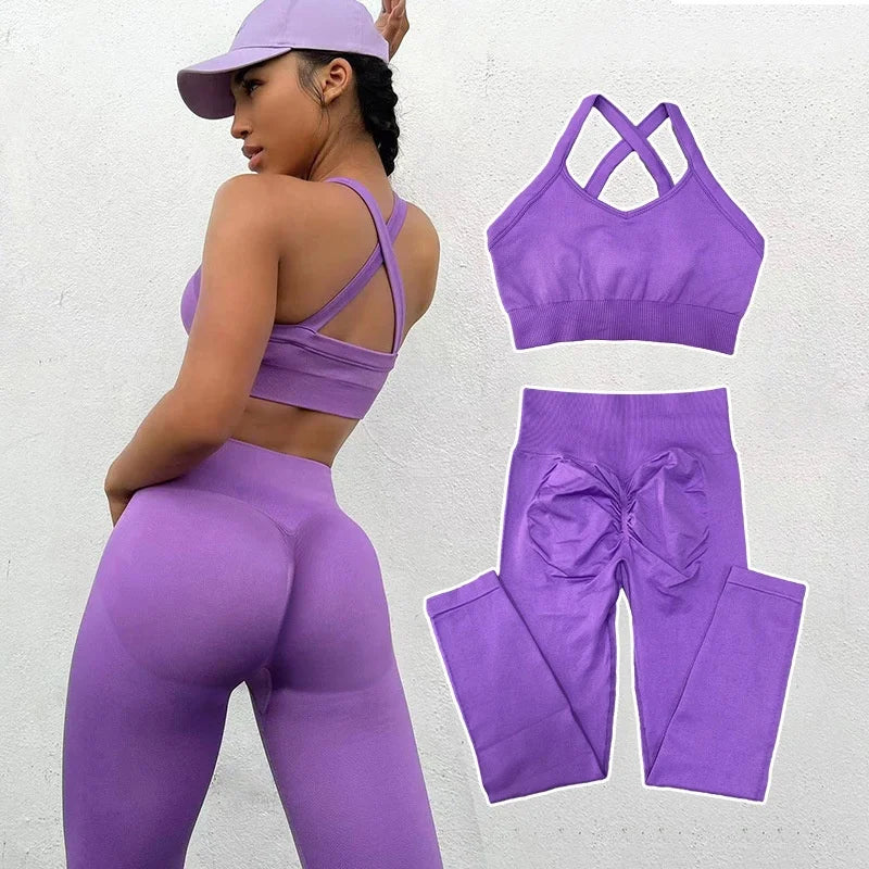 Women Seamless Suit Sportswear Sport Bra and Pants Booty Scrunch Tights Yoga Clothes High Elastic Gym Set Fitness Workout