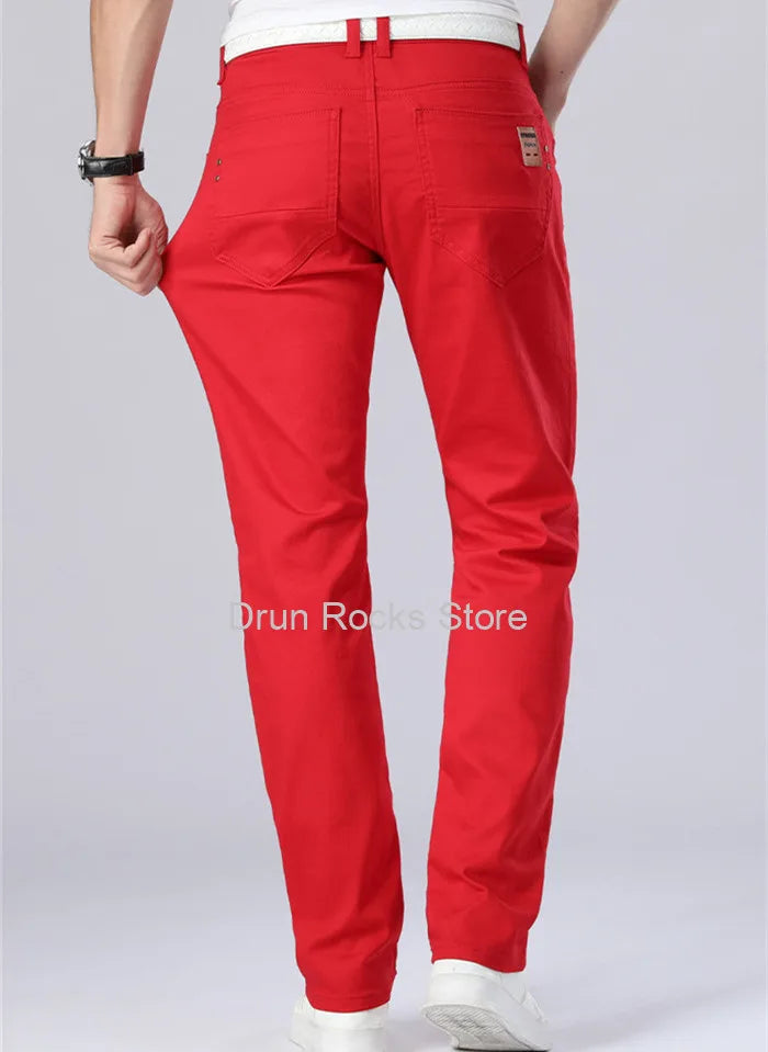 White Jeans Men Plus Size 36 38 40 Loose Oversized Red Trousers Stretched Denim Mens Casual Slim Fit Straight Elastic Man Pant