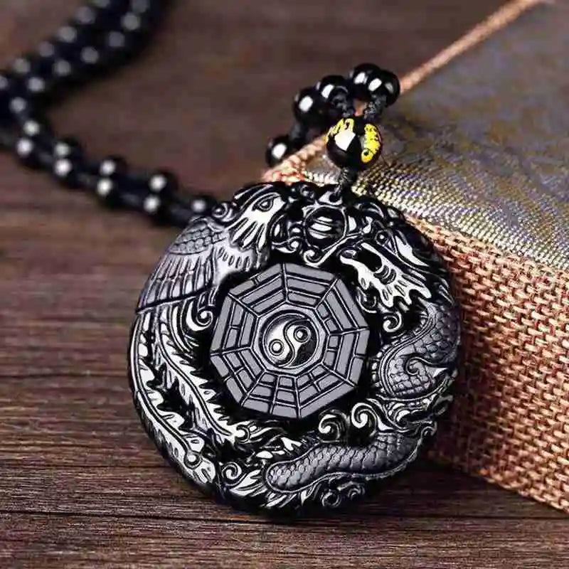 Natural Black Synthetic Obsidian Hand Carved Chinese Dragon Phoenix BaGua Lucky Amulet Peace Mascot Pendant Necklace For Women