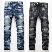 Men’s High Quality Moto&Biker Jeans,Classic Black&Blue Color Elastic Jeans pants,Slim-fit Long Jeans,Youth Must;