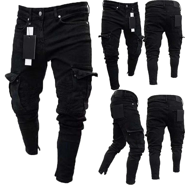 Slim Fit Straight Leg Custom Denim Jeans Men's Pencil Pants Fit Slim Skinny Solid Color Zipper Pockets Men Fashion Casual Jeans