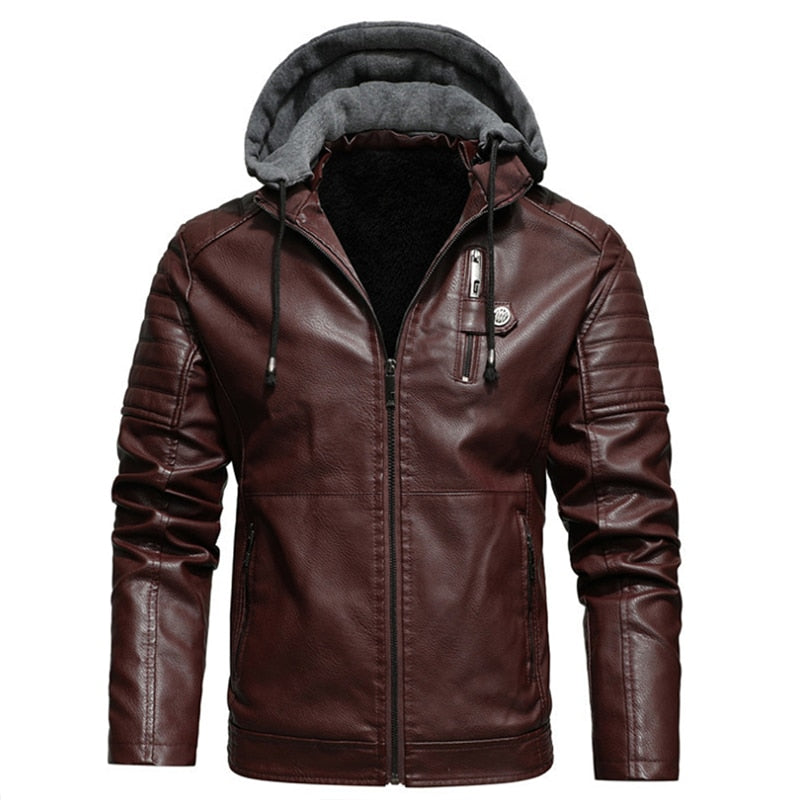 Men's Fleece Liner PU Leather Jackets Coats With Hood Autumn Winter Casual Motorcycle Jacket For Men Windbreaker Biker Jackets