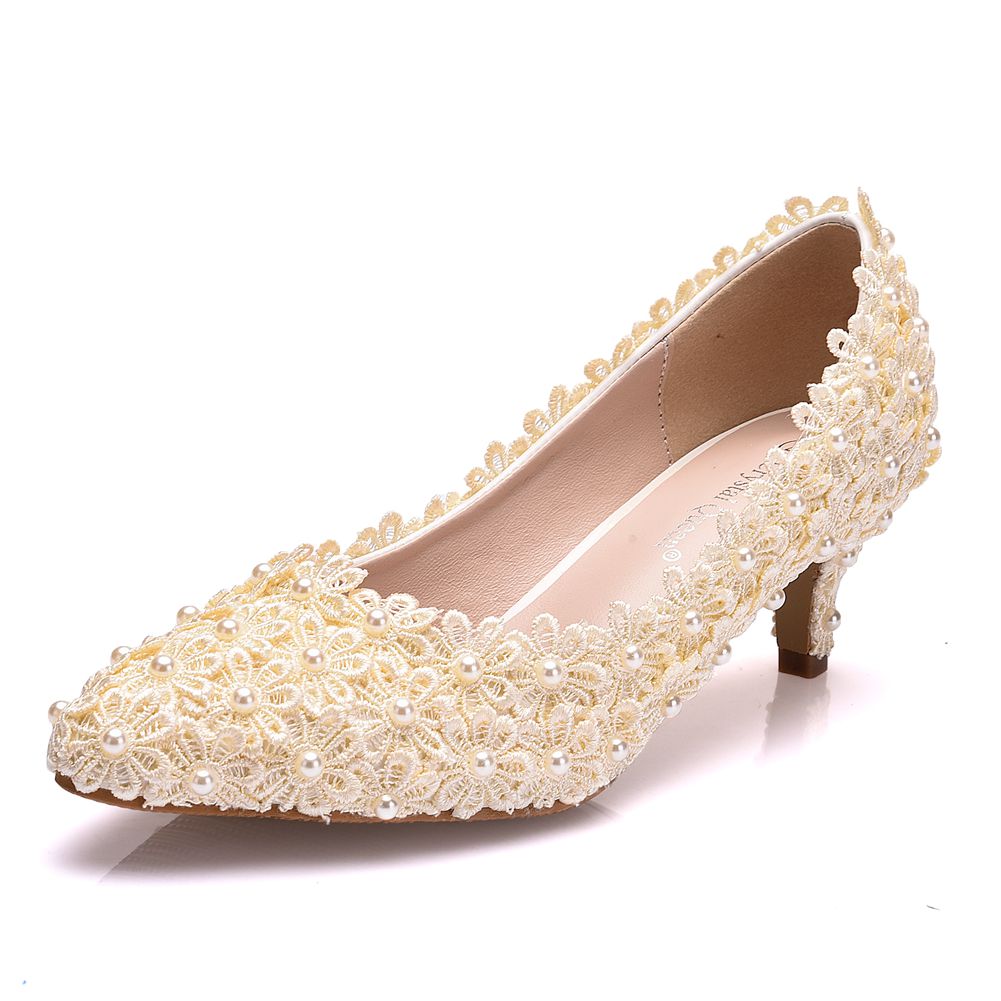 Crystal Queen White Lace Wedding Shoes 5CM Thick kitten Heel Shoes White Lace Pumps Princess Party Birthday Heels