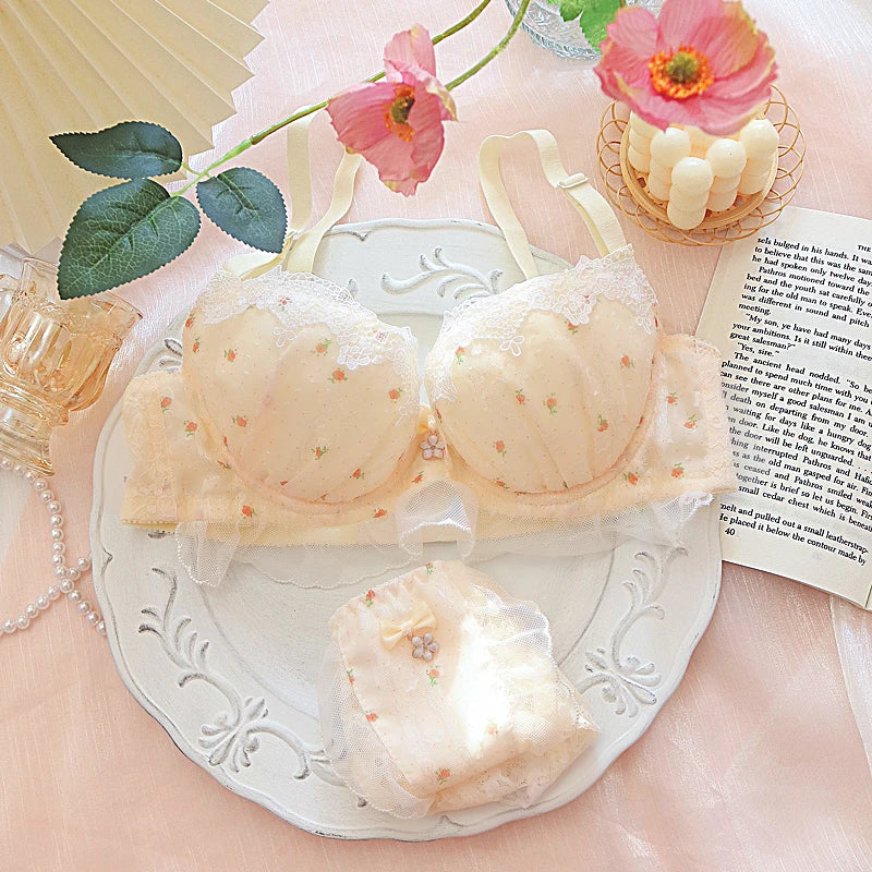 Pastoral Girl Japanese Bra Underwear Set Embroidered Flower Lace Lingerie Small Flower Steel Ring Bralette Sets Large Size