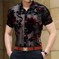 Men Club Party 2019 New DJ Prom Shirt Short Sleeve Chemise Homme Transparent Flower Velvet Shirt Men See Through Lace Shirt