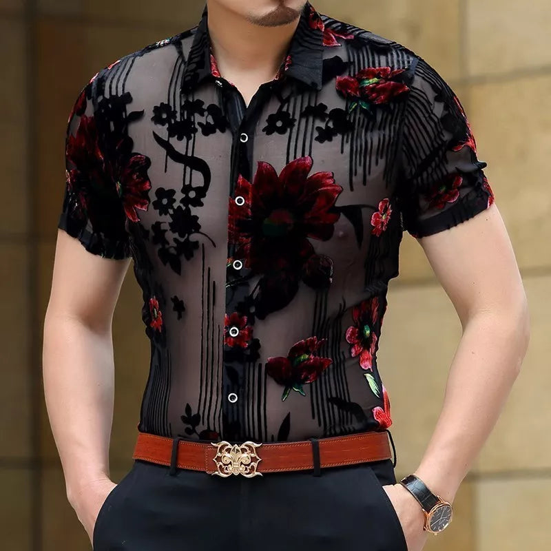 Men Club Party 2019 New DJ Prom Shirt Short Sleeve Chemise Homme Transparent Flower Velvet Shirt Men See Through Lace Shirt