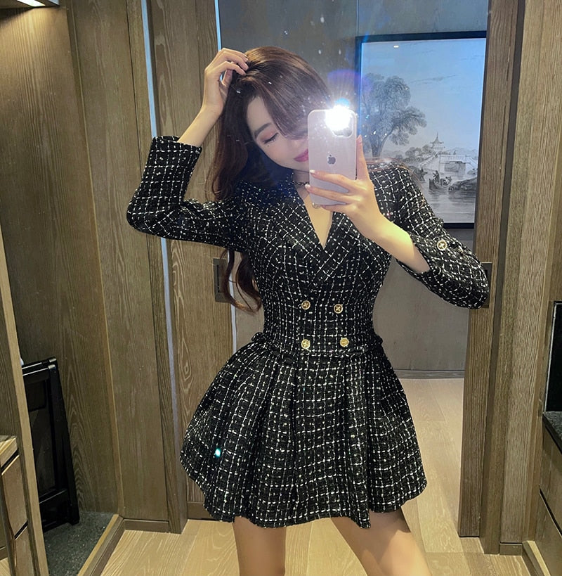 New Women&#39;s Elegant Tweed Temperament Suit High Waist Slim Pleated Dress