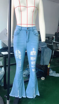 Fashion Striped Woman Flare Jeans Elastic Skinny Denim Wide-Leg Flare Pants Street Hipster Ripped Trousers S-2XL Drop shipping