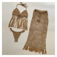 Women Handmade Crochet Bikini Cover Ups Tassel Cup and Long Skirt Three Pieces Sets Mesh Macrame Swimsuit Dress Suit