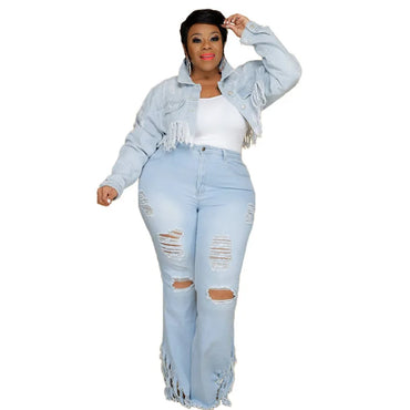 INS Hottest Women Ripped Jeans Plus Size Lady's Sexy Nightclub Wear High Waist Hollow Out Denim Flared Pants 2021 Autumn New