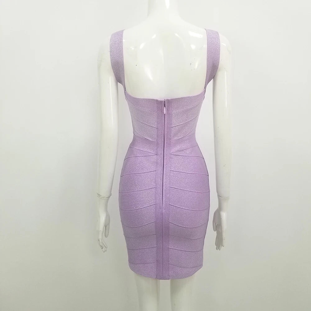 High Quality Purple Bright Bodycon Sexy Fashion Rayon Bandage Dress Cute Evening Party Dress Vestidos