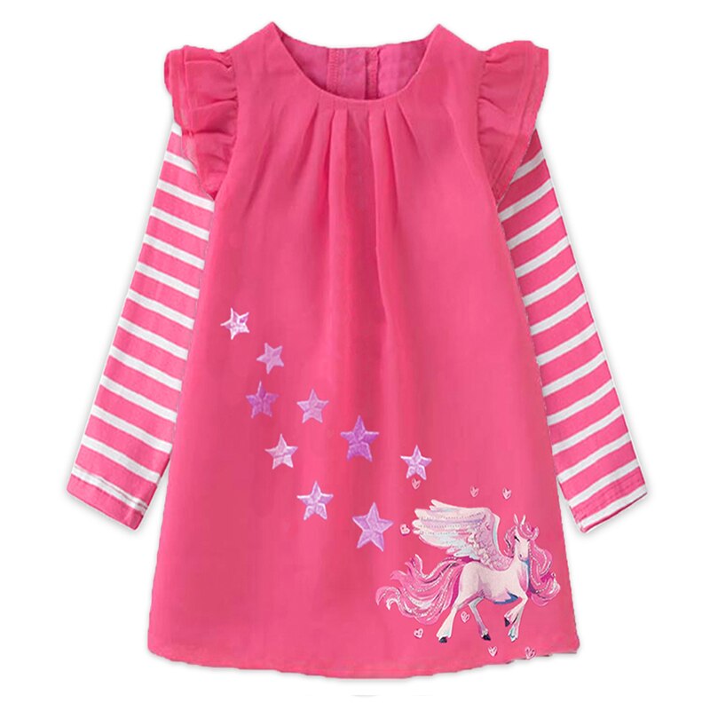 VIKITA Girls Striped Dress Kids Unicorn Dresses for Girl Clothes Toddlers Casual Cotton Dress Kids Autumn Long Sleeve Vestidos