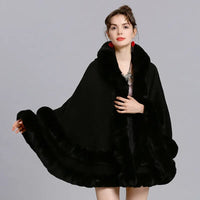 Double Layer Luxury Imitated Rex Rabbit Fur Cape Coat Hooded Shawl Winter Women Knit Poncho Overcoat Faux Fur Wraps Big