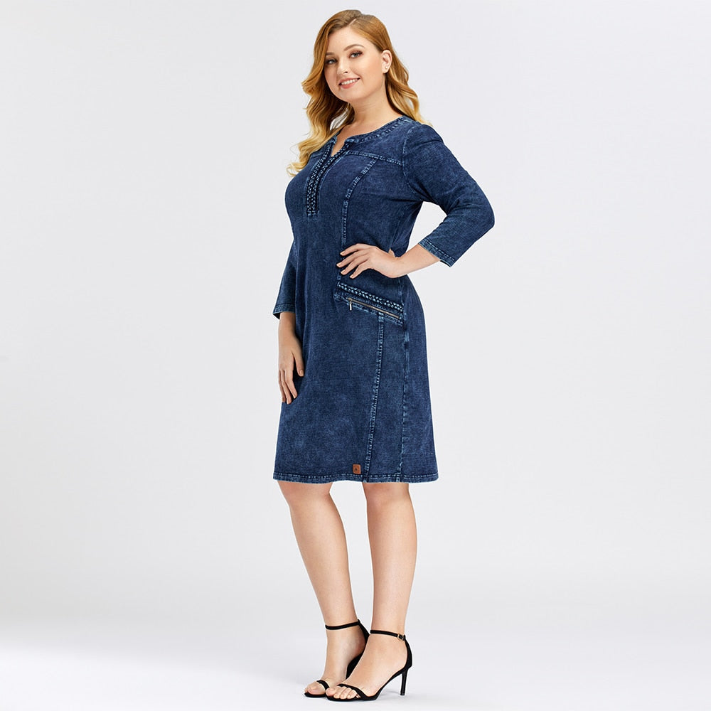 LIH HUA Women&#39;s Plus Size Denim Dress Elasticity  Knitted Denim Dresses Slim Fit Casual Dress Shoulder Pads Midi Dress