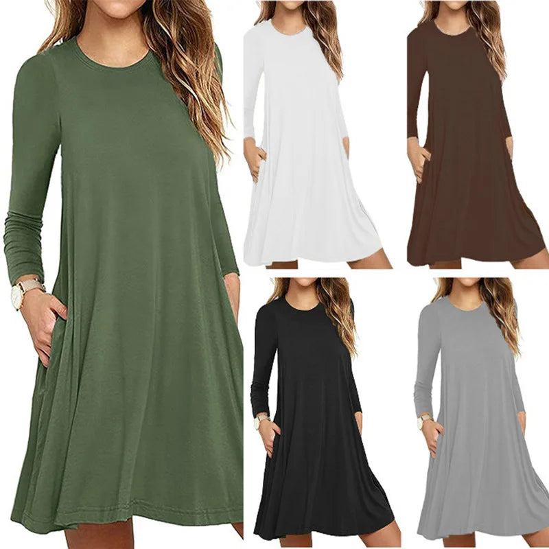 New Style for Autumn and Winter Women's New Solid Color Long Sleeve Pocket Dress  dress for women  long sleeve dress