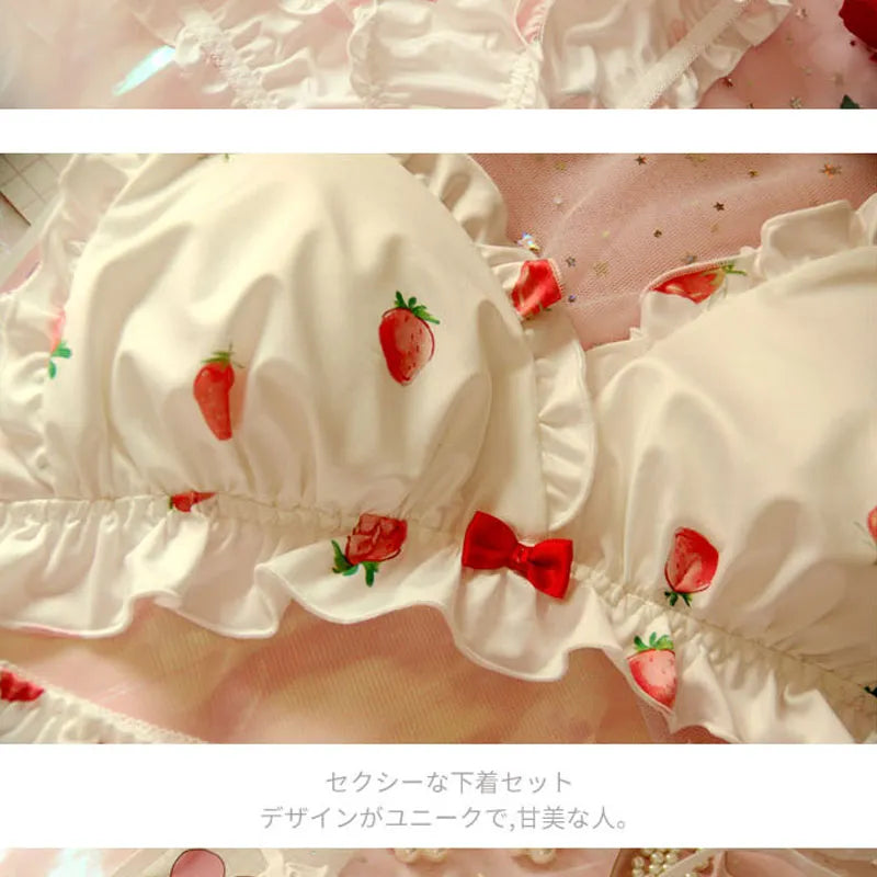 Strawberry Cute Japanese Milk Silk Bra & Panties Set Wirefree Soft Underwear Set Kawaii Lolita Bra and Panty Set Pink Lingerie