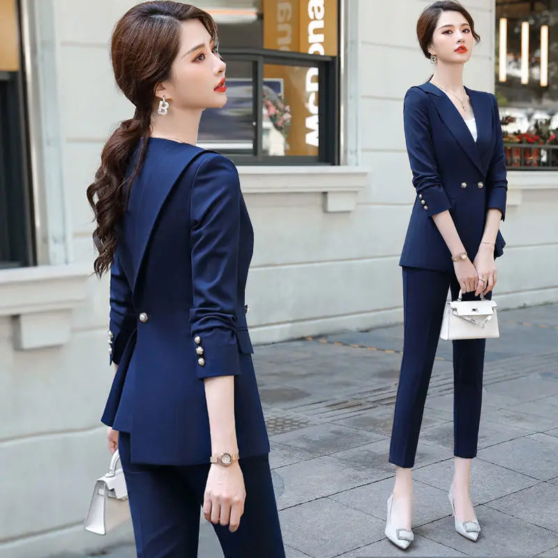 Womens Solid Color Business Formal Pants Suits For Women Office Ladies Double Breasted Blazer Pants Women's Work Pant Suits