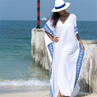 2023 Casual V-Neck Bats Sleeve Side Split Beach Kaftan Loose Summer Dress White Tunic Women Street Wear Maxi Dress N887