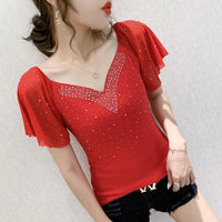 Summer Fashion Korean Clothes T-Shirt Sexy V-Neck Diamonds Cotton Women Tops Ruffled Sleeve Tees All Match 2022 New T07601