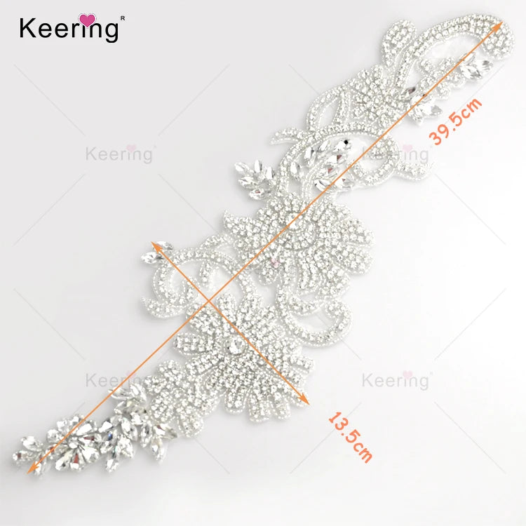 WRA-1006 Keering Hotsale Elegant Gold Wholesale Handmade Long Clause for Bridal Wedding Dress Beaded Bodice Patch Rhinestones