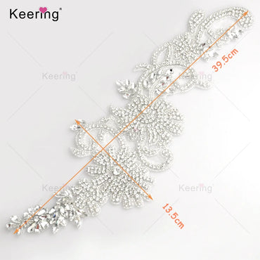 WRA-1006 Keering Hotsale Elegant Gold Wholesale Handmade Long Clause for Bridal Wedding Dress Beaded Bodice Patch Rhinestones