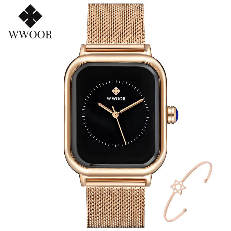 WWOOR 2023 New Design Women Watches Top Brand Luxury Rose Gold Rectangle Watch Ladies Black Exquisite Quartz Wristwatch For Gift