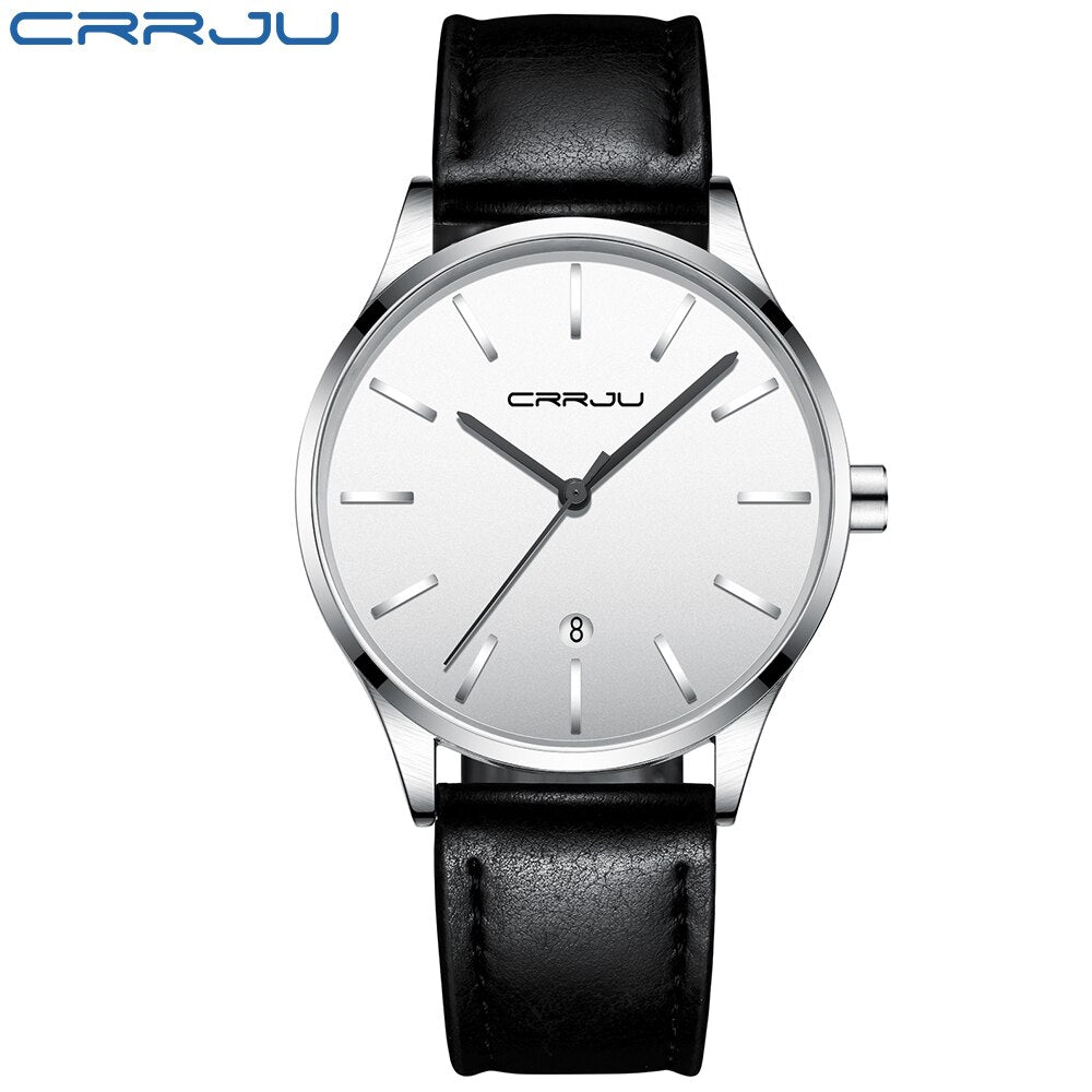 Mens Watches CRRJU Full Steel Casual Waterproof Watch for Man Leather Quartz Watch Men&#39;s Dress Calendar Watch Relogio Masculino