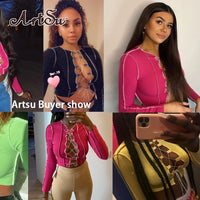 Artsu 8 Colors Sexy Hollow Out Women Long Sleeve Crop Tops Striped Patchwork Drawstring Ribbed Bandage Fitness Clothes