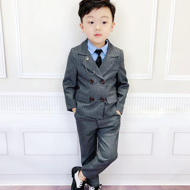 Flower Boys Formal Dress Suit Set Autumn Children Plaid Double Breasted Blazer Pants 2Pcs Clothes Set Kids Wedding Party Costume